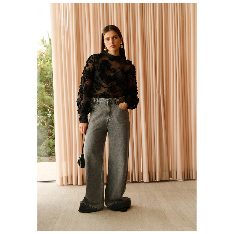 LUCIA FLOWER BLOUSE - BLACK - Billede 3