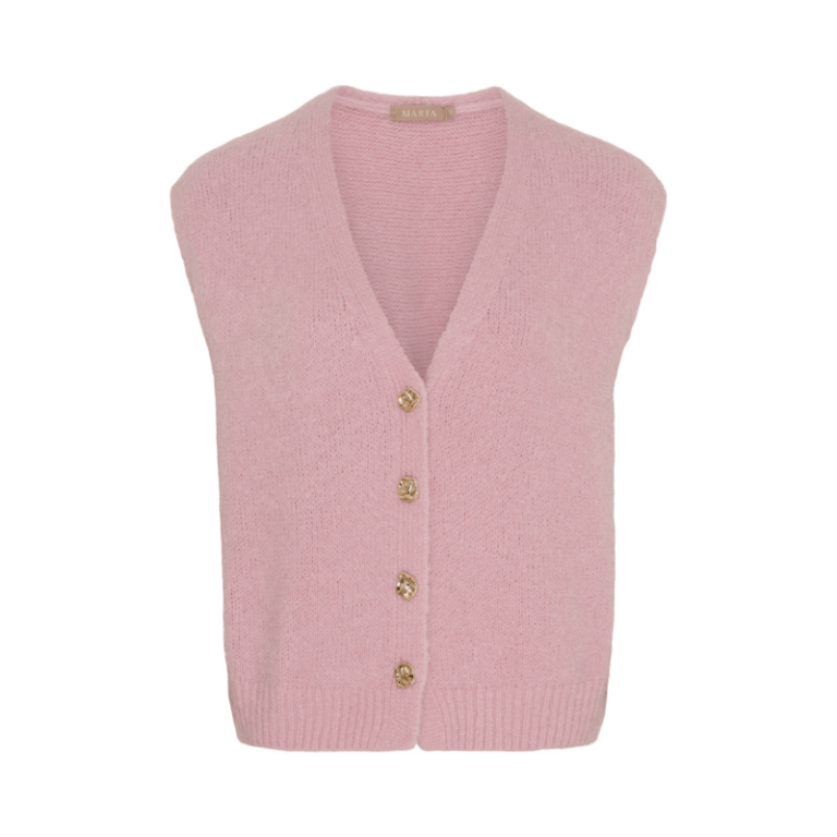 Mdc Amara Vest fra Marta du Chateau. Lækker strikket vest med v-udskæring og fine knapper.  Findes i brun, rosa og fango.  Kvalitet: 27% Baby Alpaca, 38% Poliamid, 22% Acryl, 10% Lana, 3% Elastan Størrelse: onesize