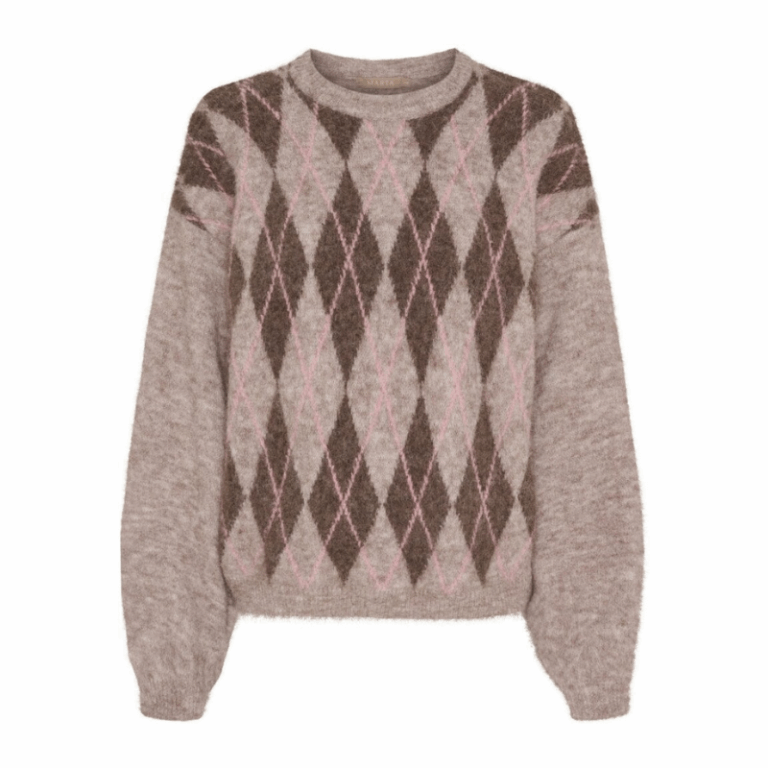 Mdc Cora knit fra Marta du Chateau. En lækker blød strik i brune nuancer med et flot harlekin mønster med rosa. 