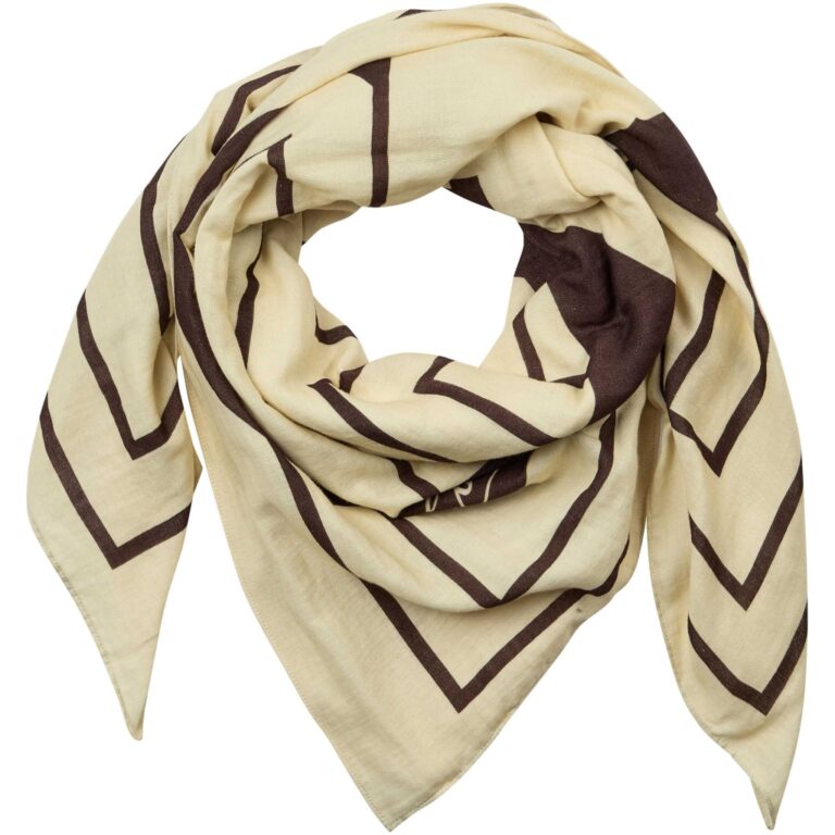 Mira Go tørklæde fra Gossia. Lækkert stort bomuldstørklæde med grafisk print. Cool udtryk, nemt at style. Tørklædet findes i off white/sort og sart gul/brun. 100% bomuld.