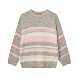 Lily o-neck strik fra KOPENHAKEN. En skøn blød strik med striber i blå og orange striber. Den skønne strik har rund hals og langeærmer. Materiale: 59% Recycled polyester 22% Polyamid 10% Polyester 8% Wool 1% Elastan Farve: off white / blå / orange Style: 9001309