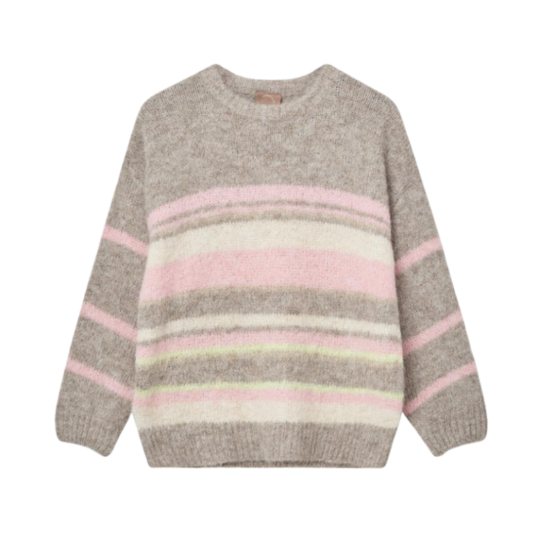 Lily o-neck strik fra KOPENHAKEN. En skøn blød strik med striber i blå og orange striber. Den skønne strik har rund hals og langeærmer. Materiale: 59% Recycled polyester 22% Polyamid 10% Polyester 8% Wool 1% Elastan Farve: off white / blå / orange Style: 9001309