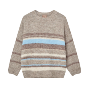 Lily o-neck strik fra KOPENHAKEN. En skøn blød strik med striber i blå og brun. Den skønne strik har rund hals og langeærmer. 