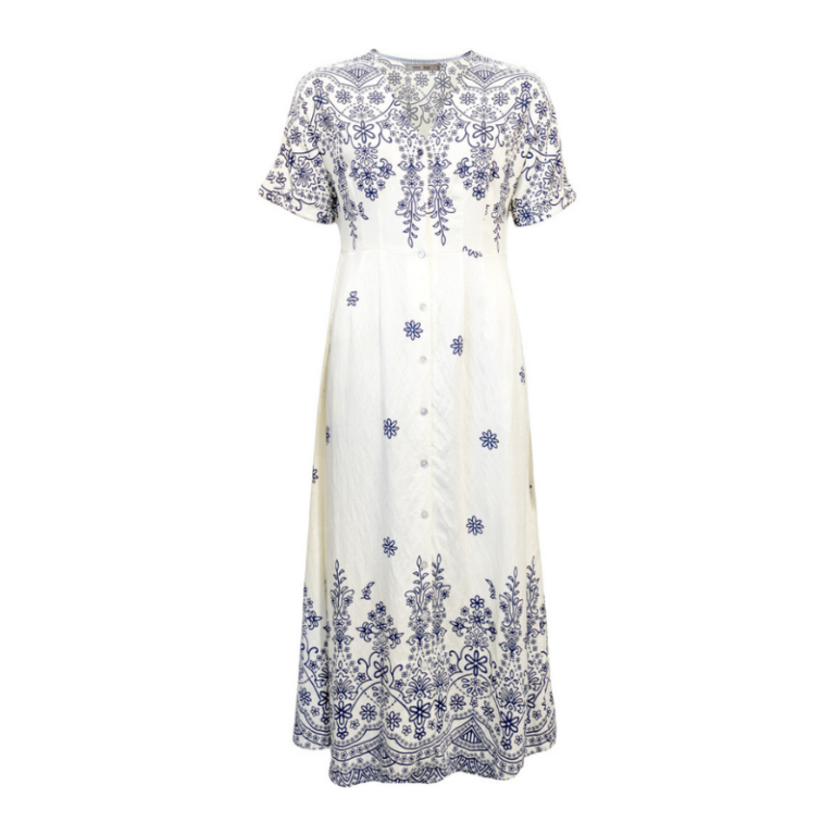 Smuk, lang kjole i let materiale med detaljer af blåt print